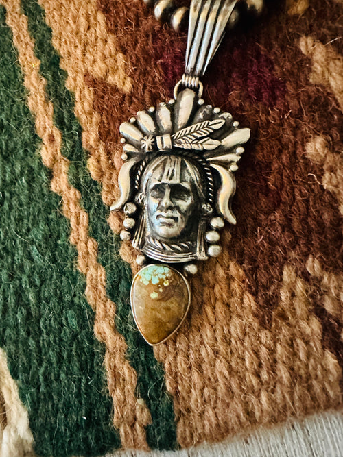 Navajo Turquoise & Sterling Silver Indian Head Pendant By Richard Singer