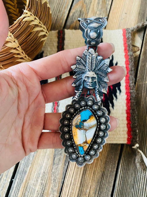 Navajo Sterling Multi Stone Spice & Sterling Silver Indian Chief Pendant