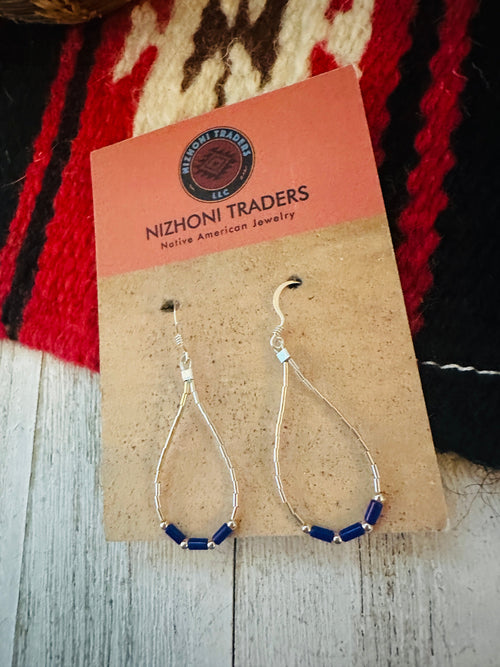 Navajo Sterling Liquid Silver & Lapis Beaded Dangle Earrings