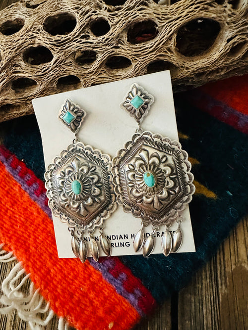 Navajo Sterling Silver & Turquoise Concho Dangle Earrings