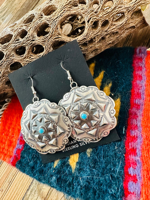 Navajo Sterling Silver & Turquoise Concho Dangle Earrings