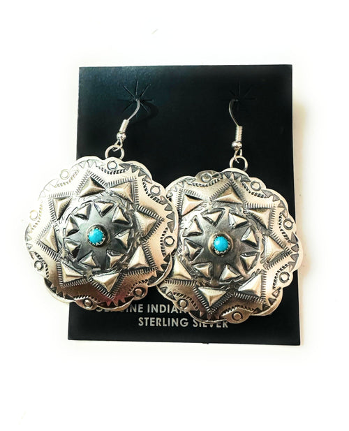 Navajo Sterling Silver & Turquoise Concho Dangle Earrings