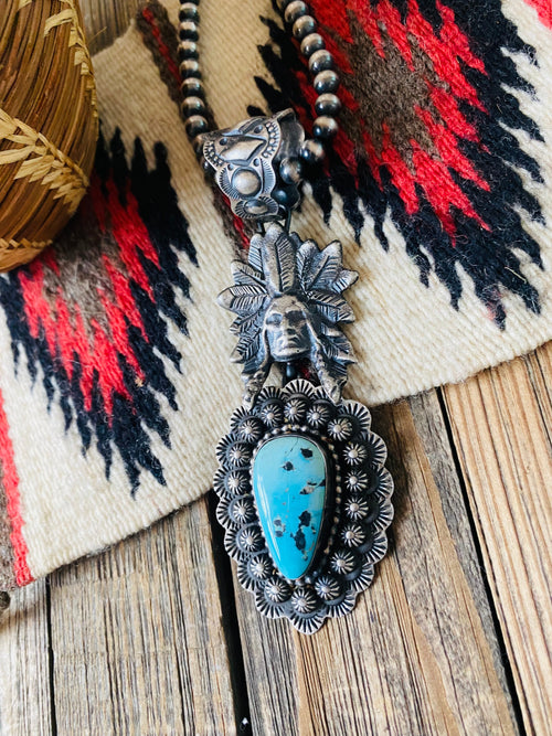 Navajo Sterling Kingman Turquoise & Sterling Silver Indian Chief Pendant