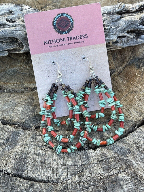 Navajo Heishi Bead Turquoise & Coral 3 Loop Dangle Earrings