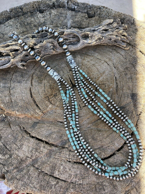 Navajo Royston Turquoise & Sterling Silver graduated 5 strand Beaded Necklace