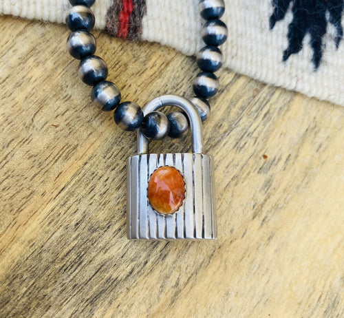 Navajo Orange Spiny & Sterling Silver Locket Pendant Signed