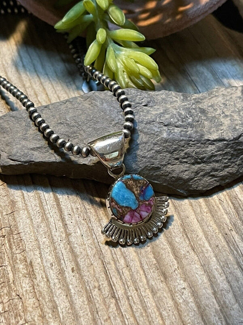 Navajo Pink Dream Mojave & Sterling Silver Fancy Fan Pendant