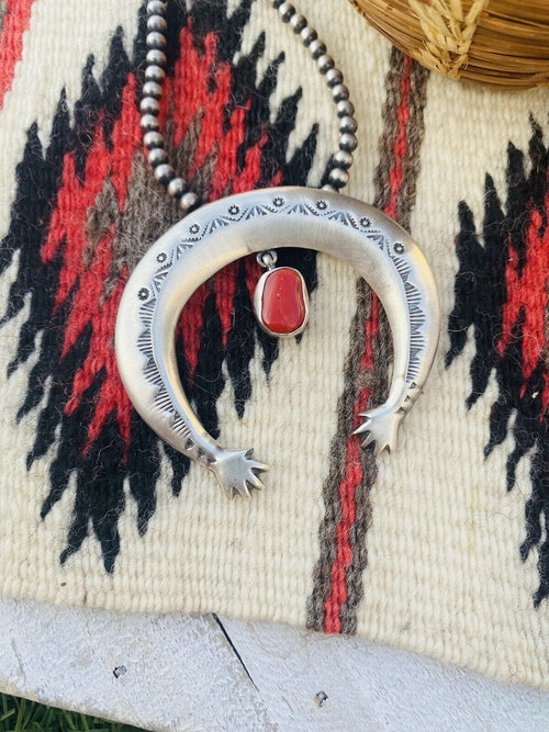 Navajo Sterling Silver & Red Coral Naja Pendant By Martha Cayatineto