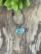 Zuni Iridescent Blue / White  Opal & Sterling Silver Heart Pendant