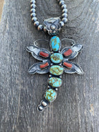 Shawn Cayatenito Sterling Silver Kingman  Turquoise & Coral Dragonfly Pendant