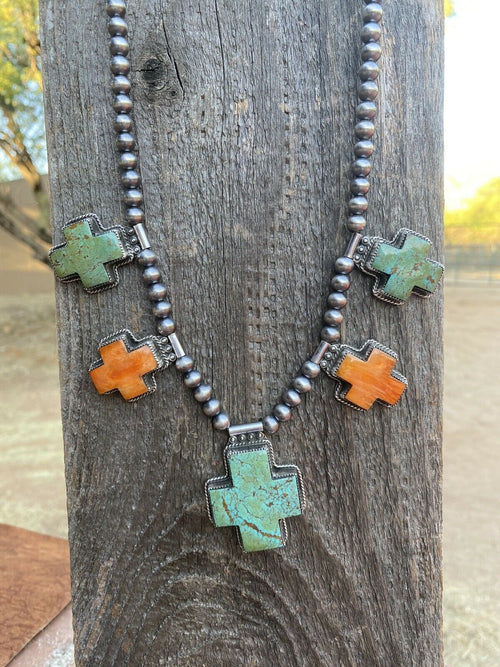 Buffalo Dancer Kingman Turquoise & Spiny Sterling Cross Beaded Necklace Signed