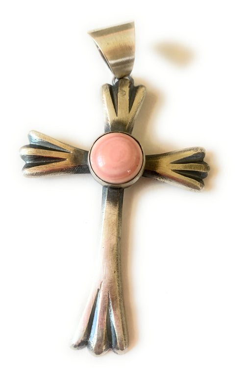 Navajo Queen Pink Conch Shell & Sterling Silver Cross Pendant By Chimney Butte