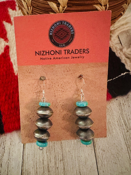 Navajo Turquoise & Sterling Silver Beaded Dangle Earrings