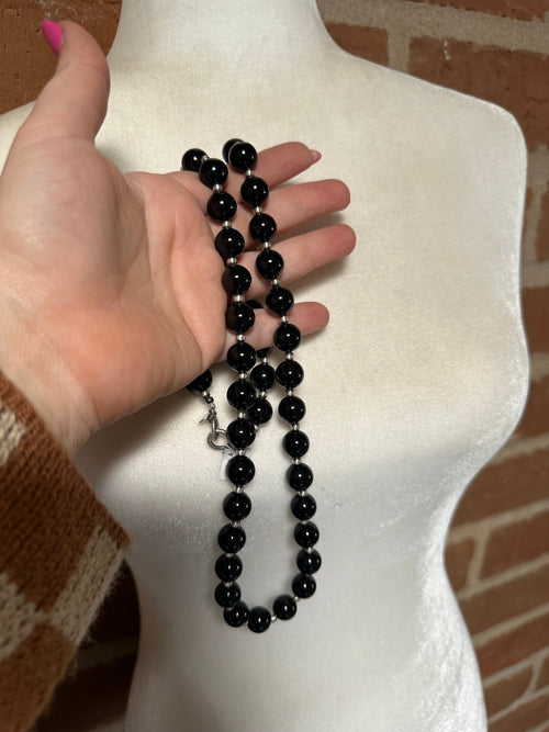 Navajo Pearl Sterling Silver & Black Onyx Beaded Necklace 30”