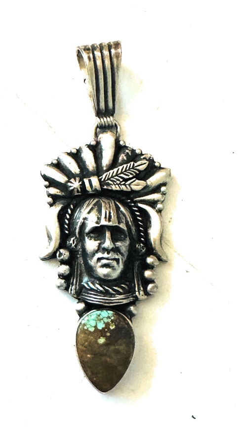 Navajo Turquoise & Sterling Silver Indian Head Pendant By Richard Singer