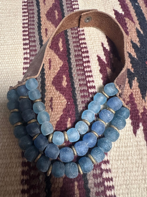 Handmade Recycled Glass 3 Strand Blue Beaded Necklace