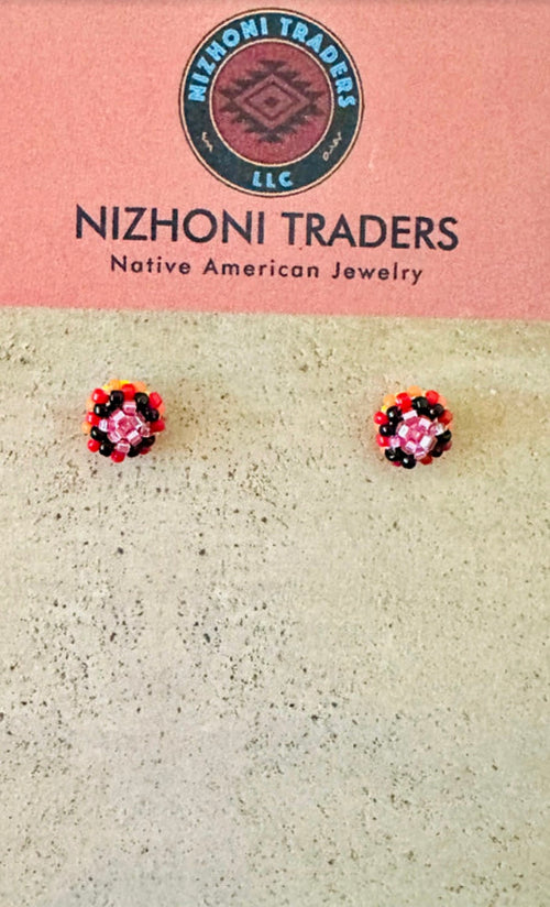 Navajo Handmade Beaded Stud Earrings- pink