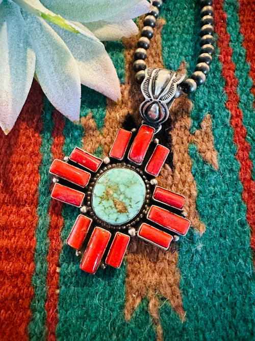 Navajo Coral, Turquoise & Sterling Silver Cross Pendant Signed