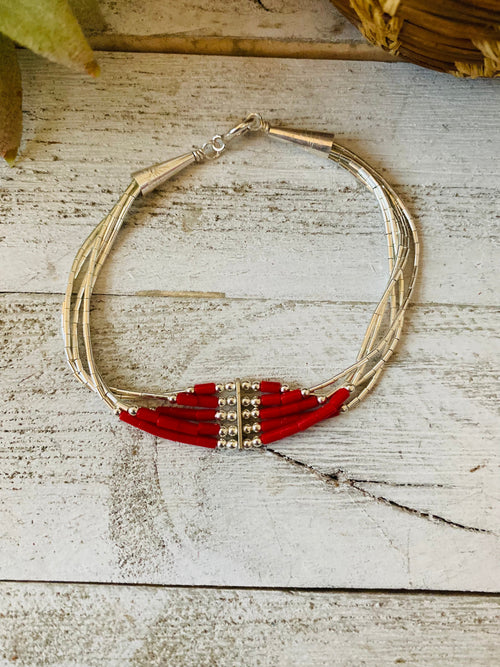 Navajo Coral & Sterling Liquid Silver Beaded Bracelet