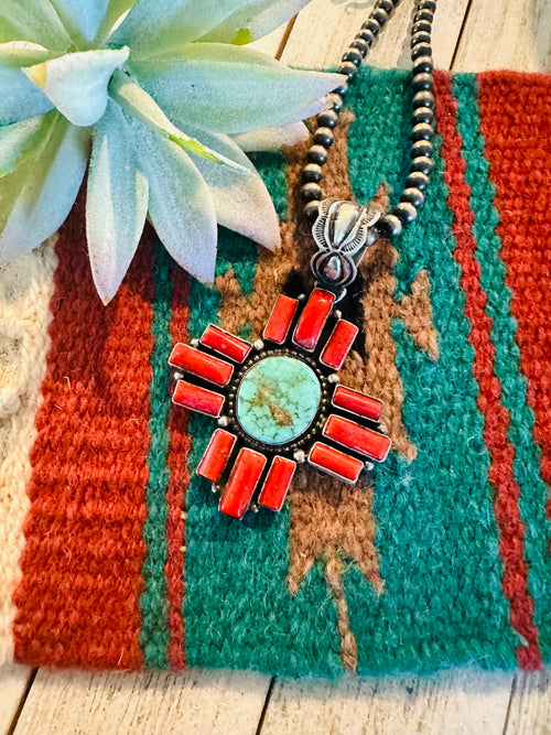 Navajo Coral, Turquoise & Sterling Silver Cross Pendant Signed