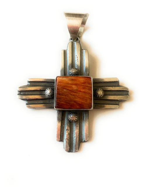 Navajo Orange Spiny & Sterling Silver Zia Cross Pendant By Chimney Butte