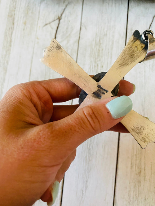 Navajo Queen Pink Conch Shell & Sterling Silver Cross Pendant By Chimney Butte