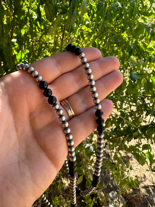 Navajo Pearl Sterling Silver & Black Onyx Beaded Necklace