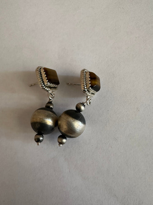 Nizhoni’s Handmade Sterling Silver Tigers Eye Navajo Pearl Style Dangle Earrings