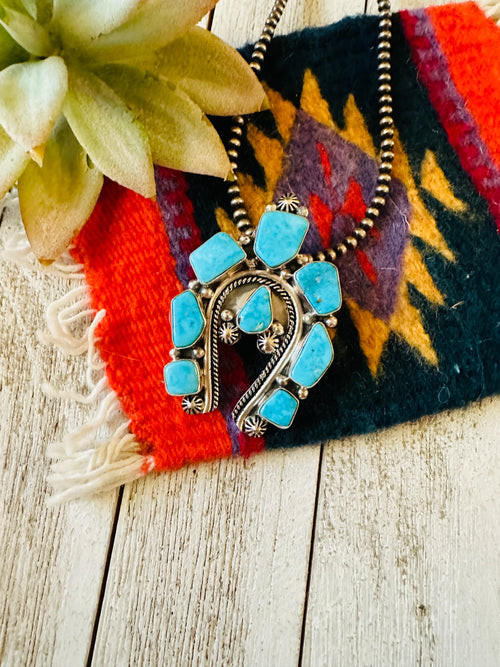 Navajo Kingman Turquoise & Sterling Silver Cluster Naja Pendant