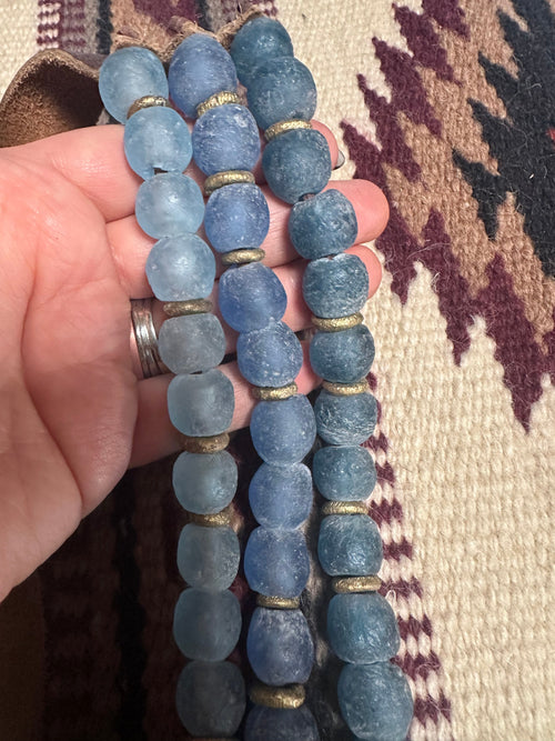 Handmade Recycled Glass 3 Strand Blue Beaded Necklace