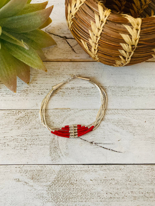 Navajo Coral & Sterling Liquid Silver Beaded Bracelet