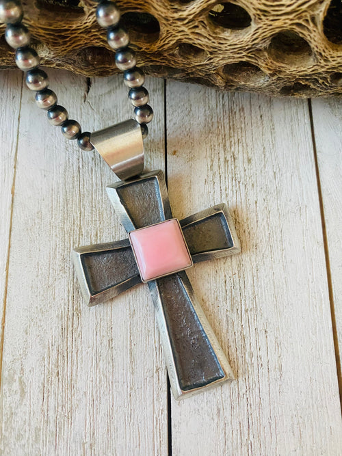 Navajo Queen Pink Conch Shell & Sterling Silver Cross Pendant By Chimney Butte