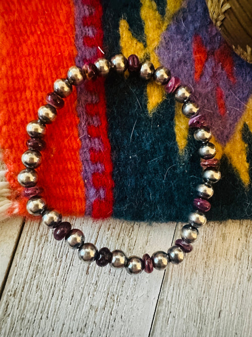 Navajo Purple Spiny & Sterling Silver Beaded Stretch Bracelet