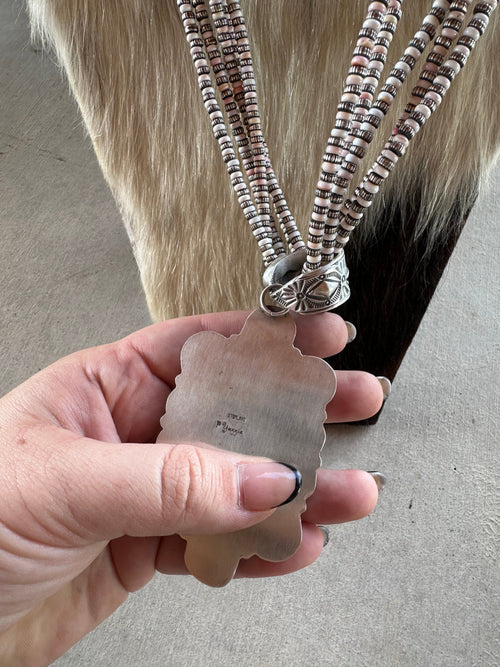 Beautiful Navajo Sterling Silver, Pink Conch & Sonoran Turquoise Beaded Necklace With Pendant Signed P Yazzie