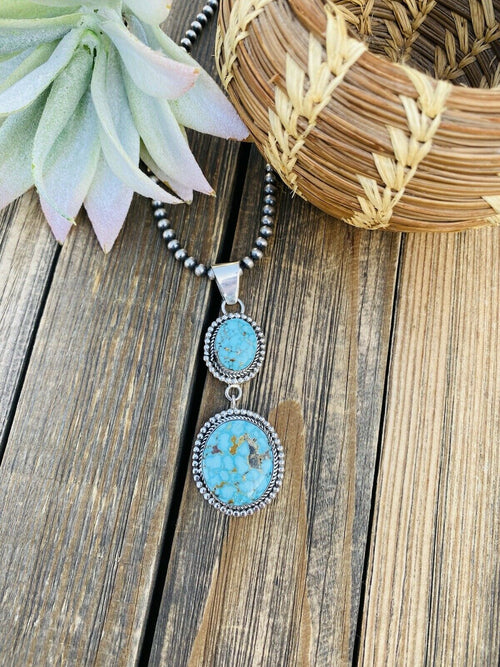 Navajo Sterling Silver & Kingman Web Turquoise Pendant Signed