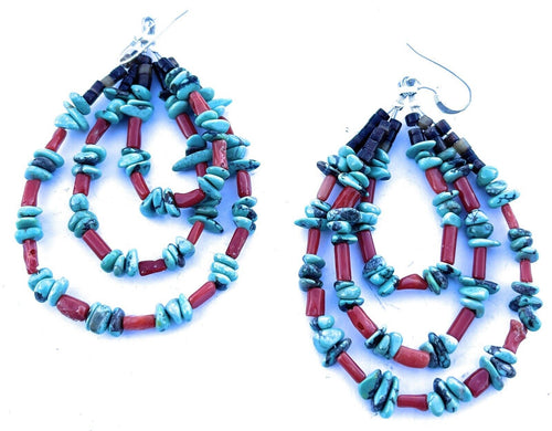 Navajo Heishi Bead Turquoise & Coral 3 Loop Dangle Earrings