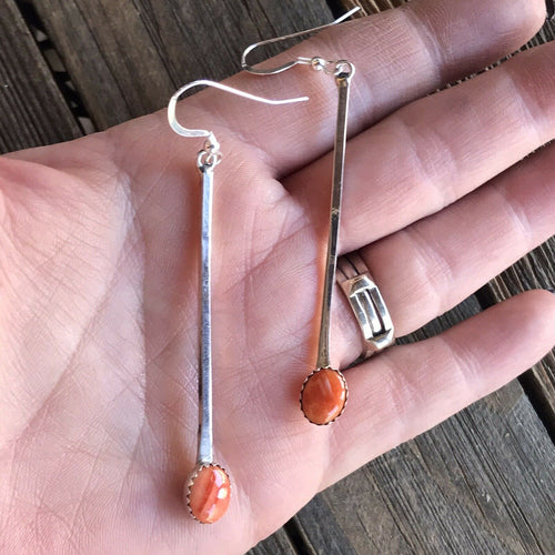 Beautiful Navajo Sterling Silver Orange Spiny Drop Dangle Earrings