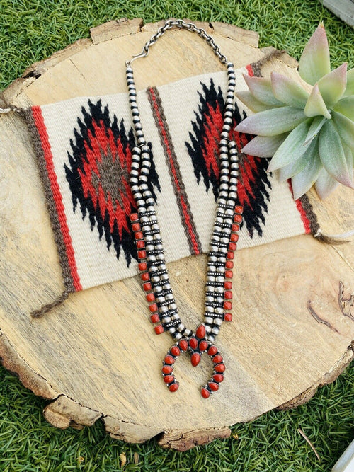 Vintage Navajo Natural Coral & Sterling Silver Squash Blossom Necklace Signed