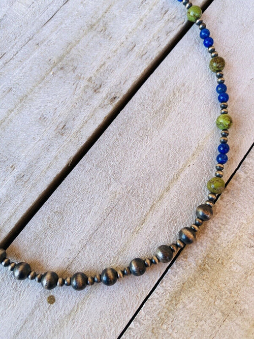 Navajo Lapis, Gaspeite And Sterling Silver Navajo Pearl Beaded Necklace