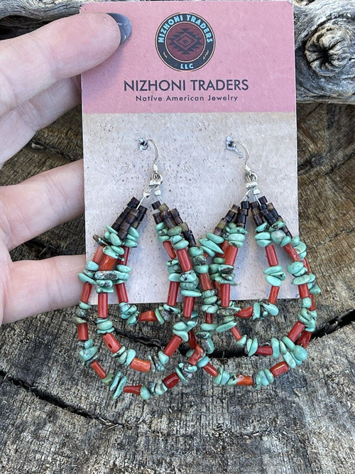 Navajo Heishi Bead Turquoise & Coral 3 Loop Dangle Earrings