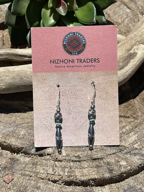 Navajo Diamond Cut Bead Sterling Silver Turquoise Dangle Earrings