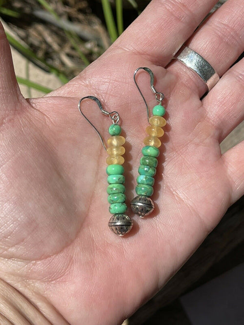 Navajo Sterling Silver Golden Quartz and Green Kingman Turquoise Dangle Earrings