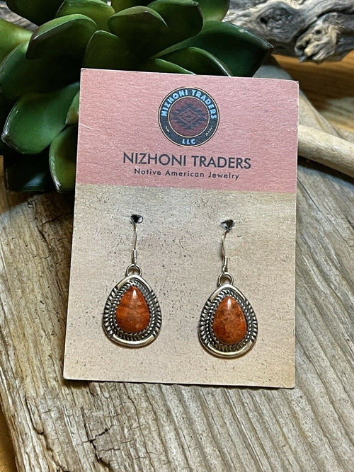 Navajo Sterling Silver Southwest Apple Coral Teardrop Earrings Signed G. Boyd