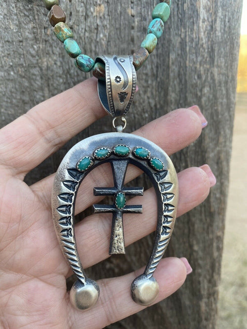 Navajo Sterling Silver & Red Turquoise Cross Naja Pendant By Martha Cayatineto