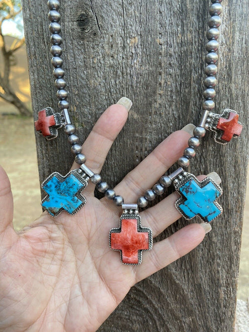 Buffalo Dancer Kingman Turquoise & Spiny Sterling Cross Beaded Necklace Signed