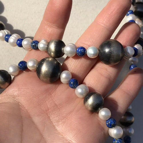 Navajo Sterling Silver Pearl And Lapis Handmade Beaded Necklace