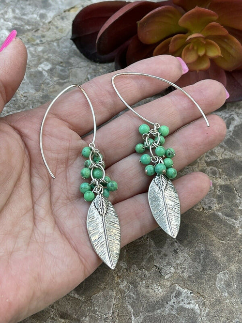 Navajo Sterling Silver & Green Turquoise Bead Leaf Dangle Earrings