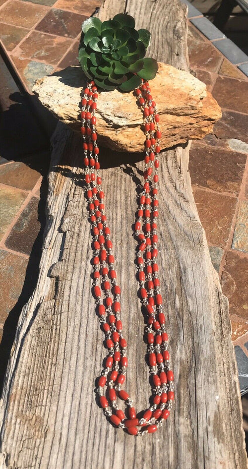 Navajo Sterling Silver & Red Coral Necklace 30 Inches