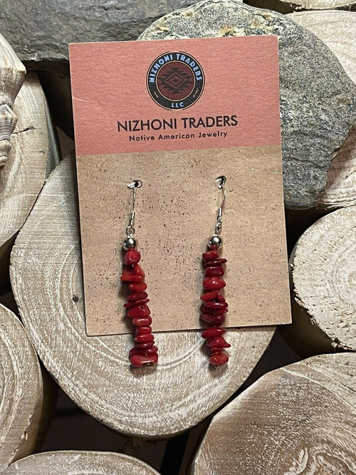 Navajo Sterling Silver Apple Coral Chip Dangle Earrings