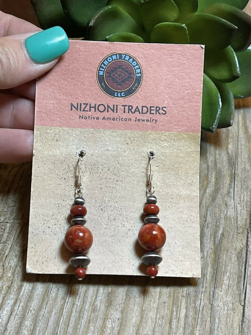 Beautiful Navajo Sterling Silver Apple Coral Triple Ball Bead Dangle Earrings